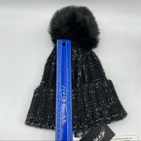 Kyi Kyi Knitted wool blend outdoor Faux Fur Pom Pom Hat in black and white New